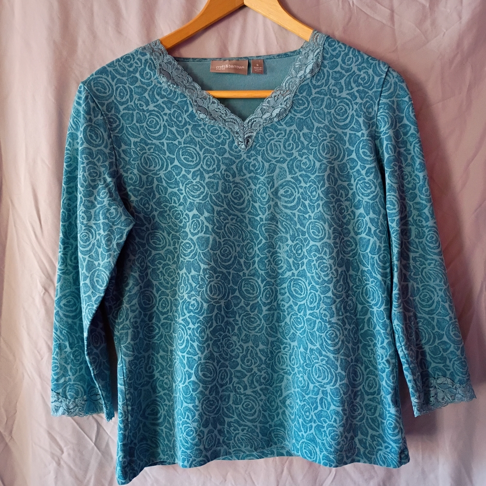croft & barrow Teal Blue Floral Lace-Trim Long Sleeve Tee